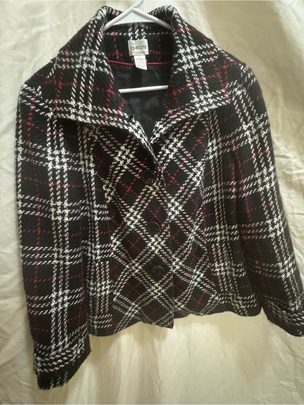 Chico's Black Plaid Blazer with White and Red Accents